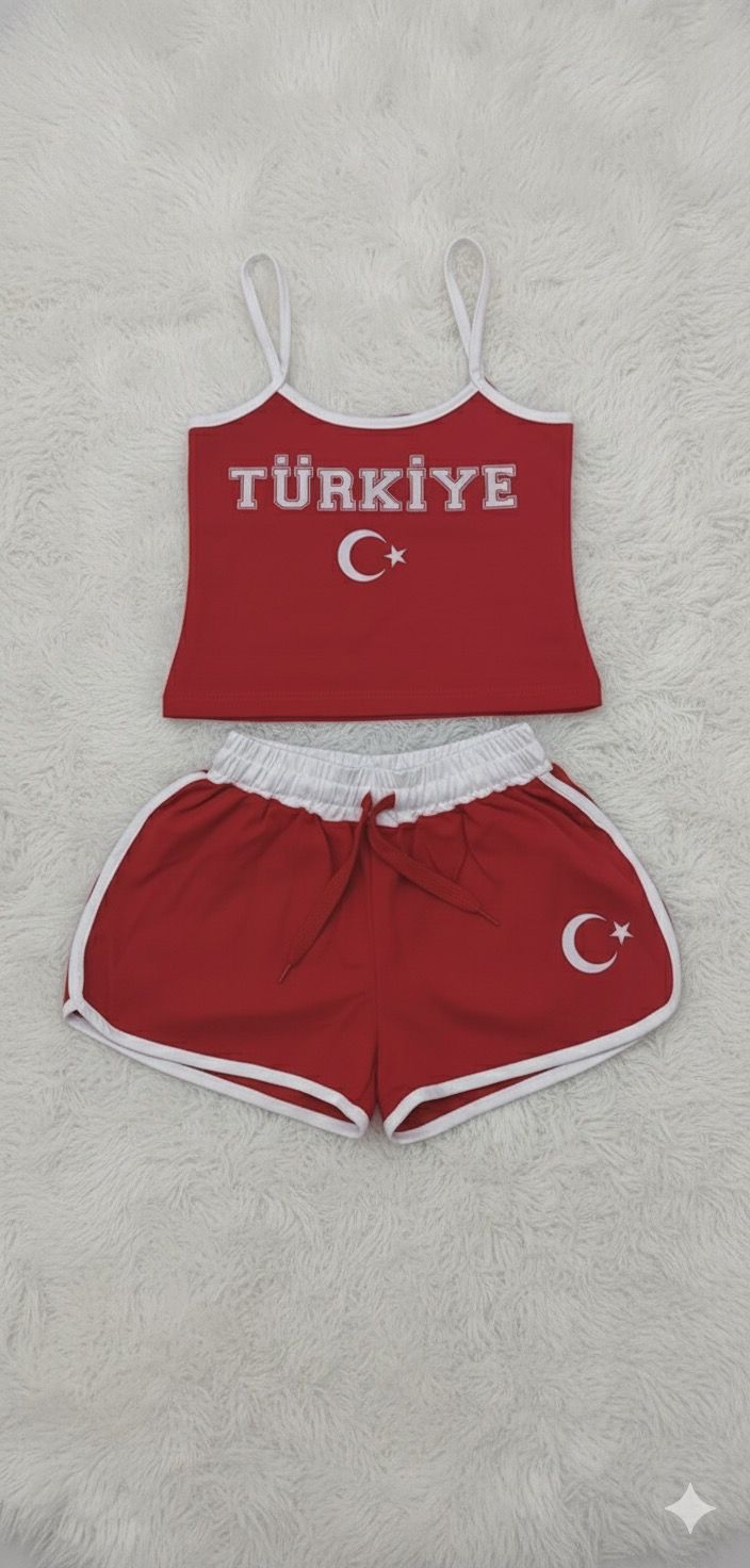 Türkiye Desenli Askılı Crop - Şort Takım
