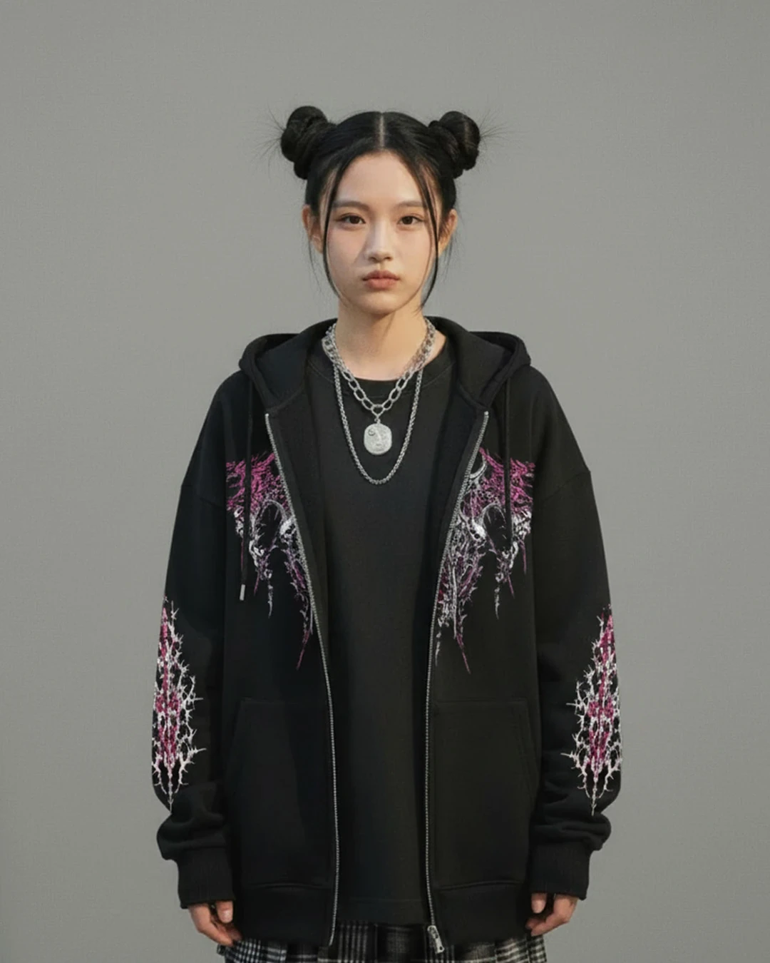 Gothic Design Oversize Fermuarlı Siyah Unisex Kapüşonlu Hırka