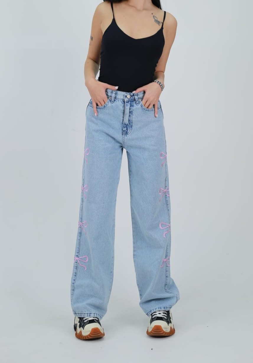 Pembe Kurdele Nakış Detaylı Baggy Jean