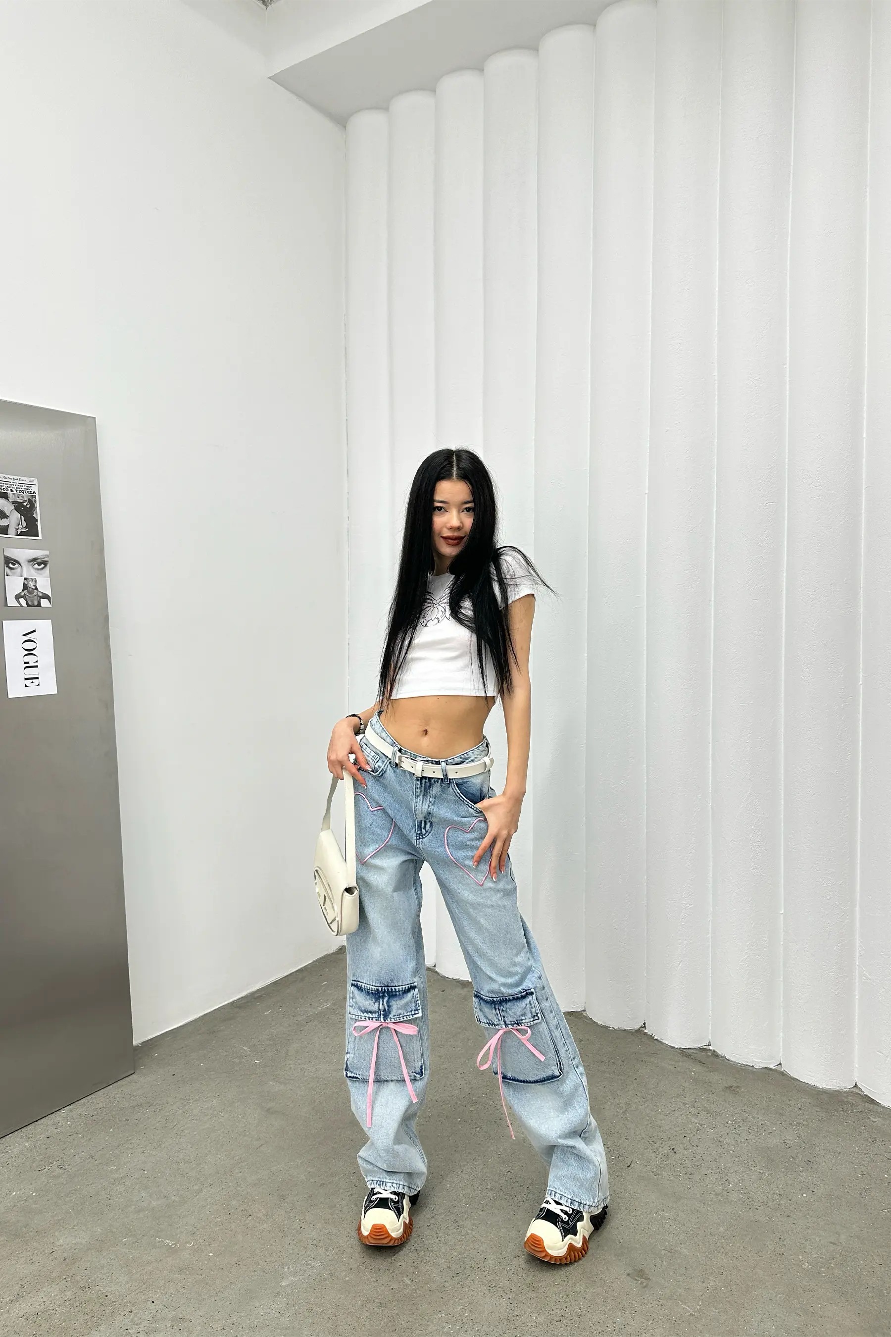 Heartbeat Pembe Nakışlı Mavi Baggy Jean