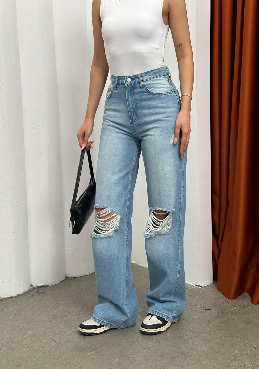 Yırtık Diz Detaylı Mavi Baggy Jean