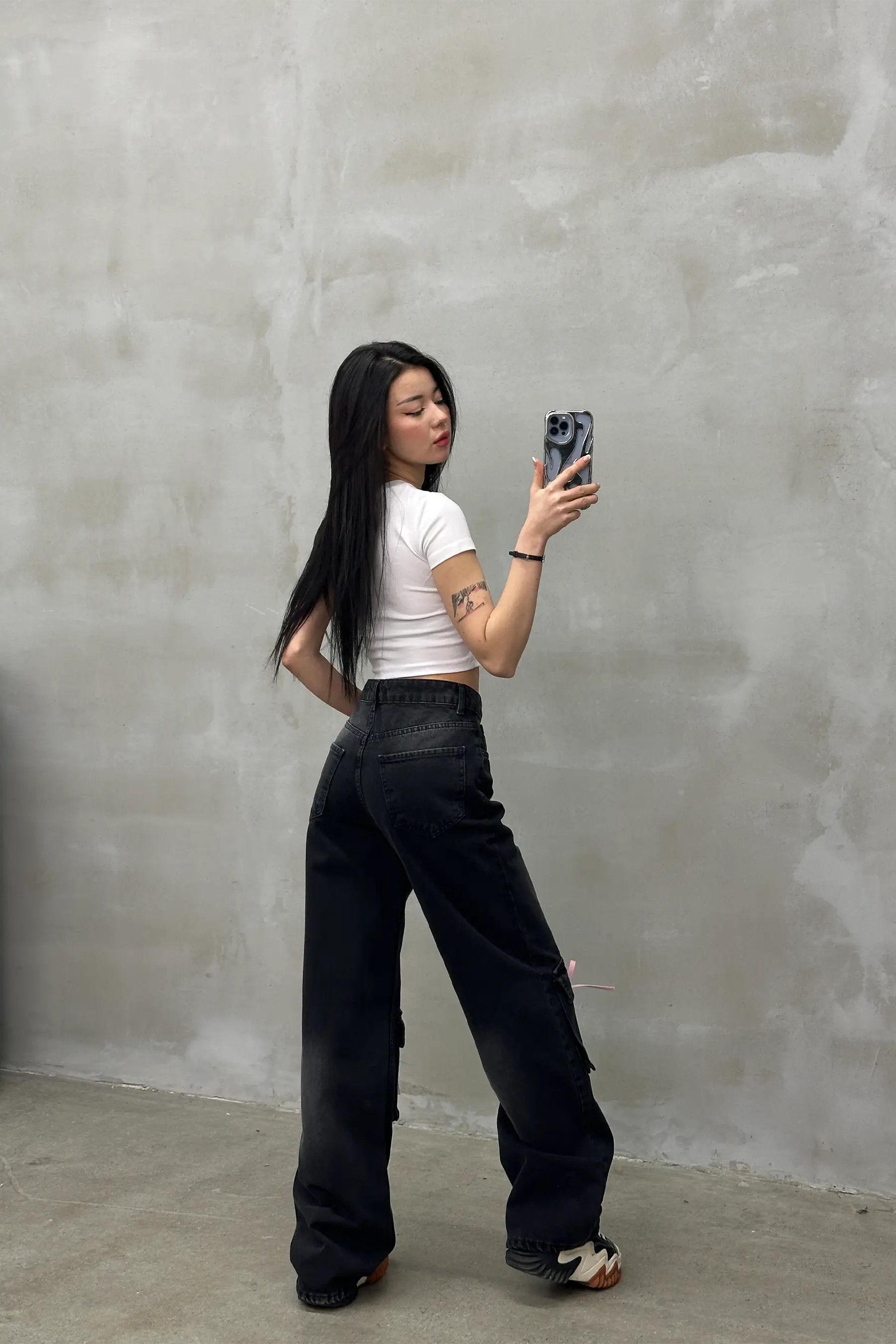 Heartbeat Pembe Nakışlı Mavi Baggy Jean