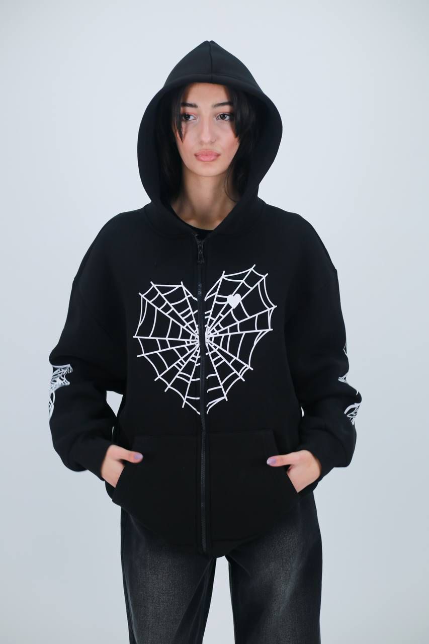 Spider Web Detail Siyah Oversize Unisex Hırka