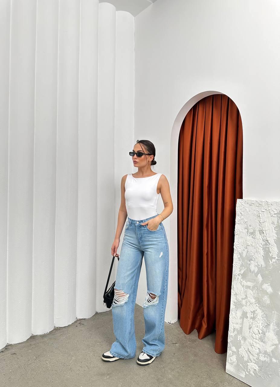 Yırtık Diz Detaylı Mavi Baggy Jean