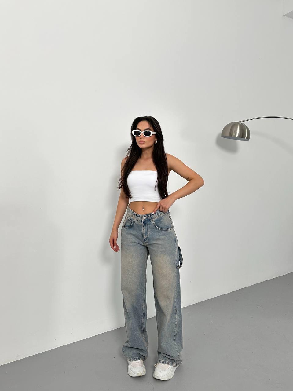 Cep Detaylı Mavi Eskitme Baggy Unisex Jean