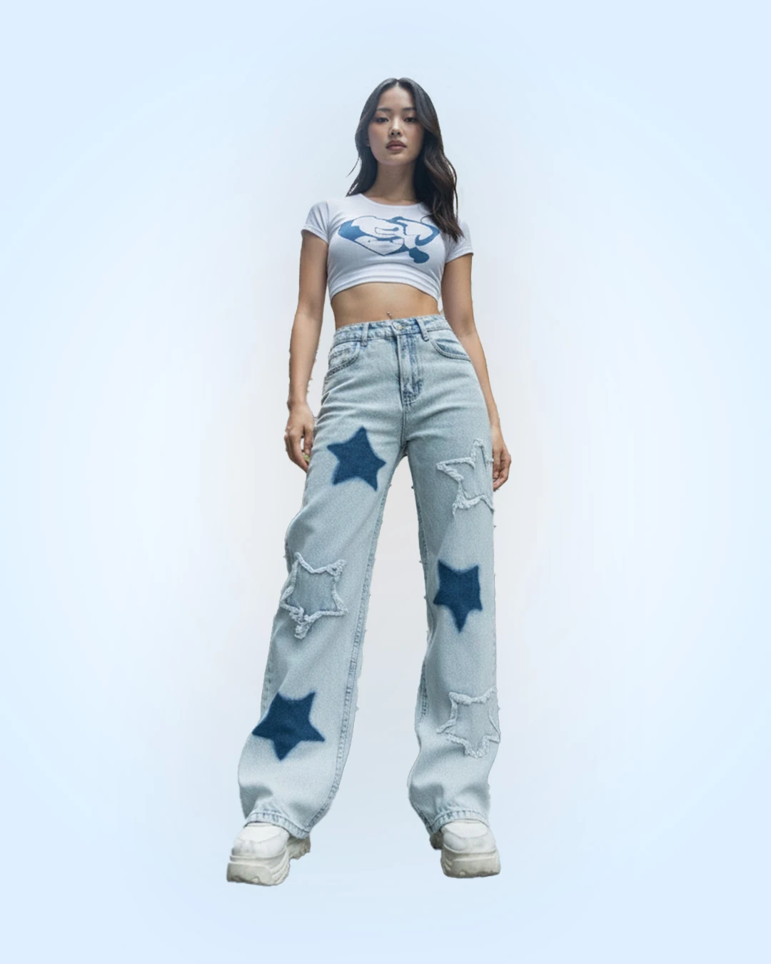 Stars Detail Blue Baggy Unisex Live Jean