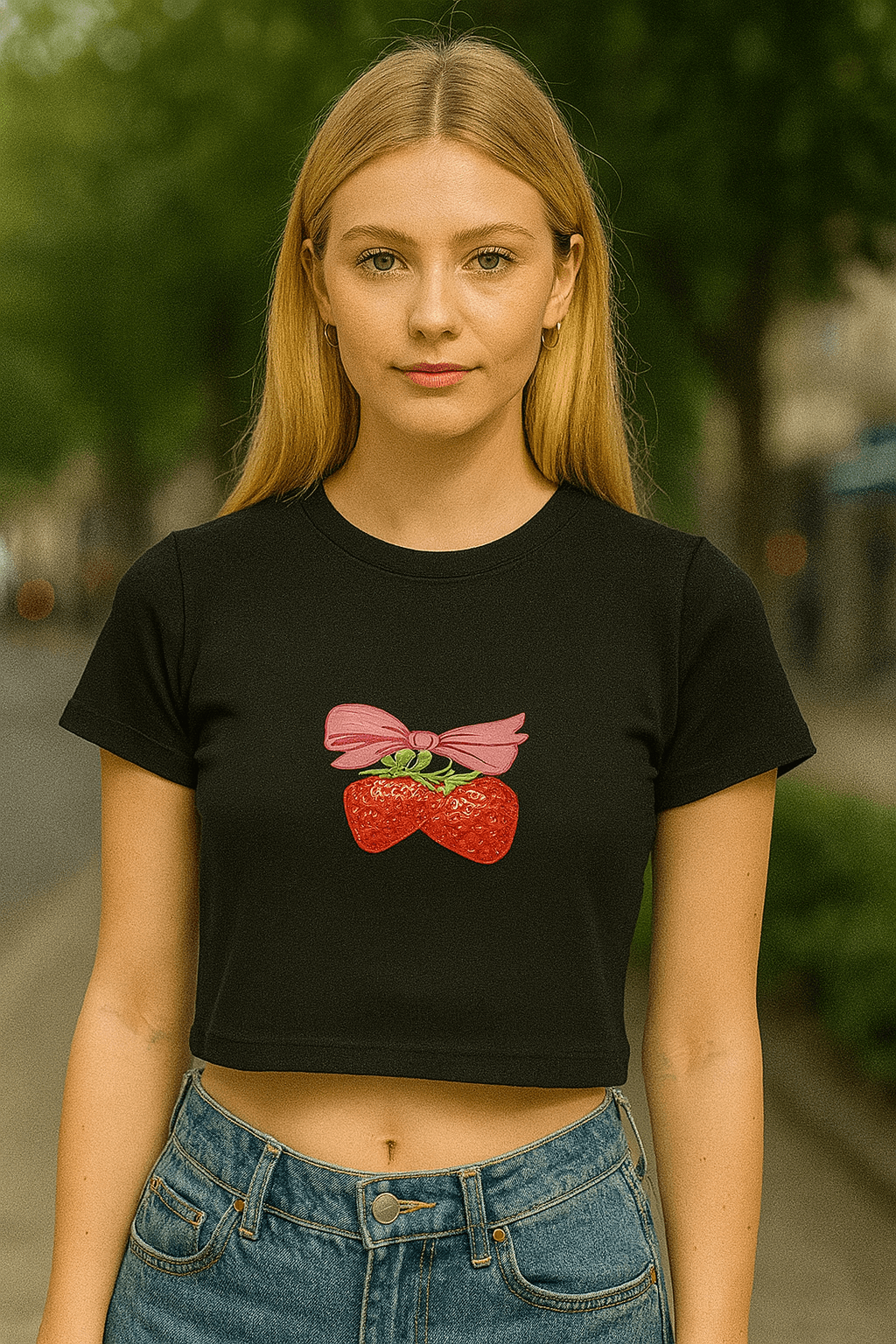 Çilek Baskılı Crop - Siyah