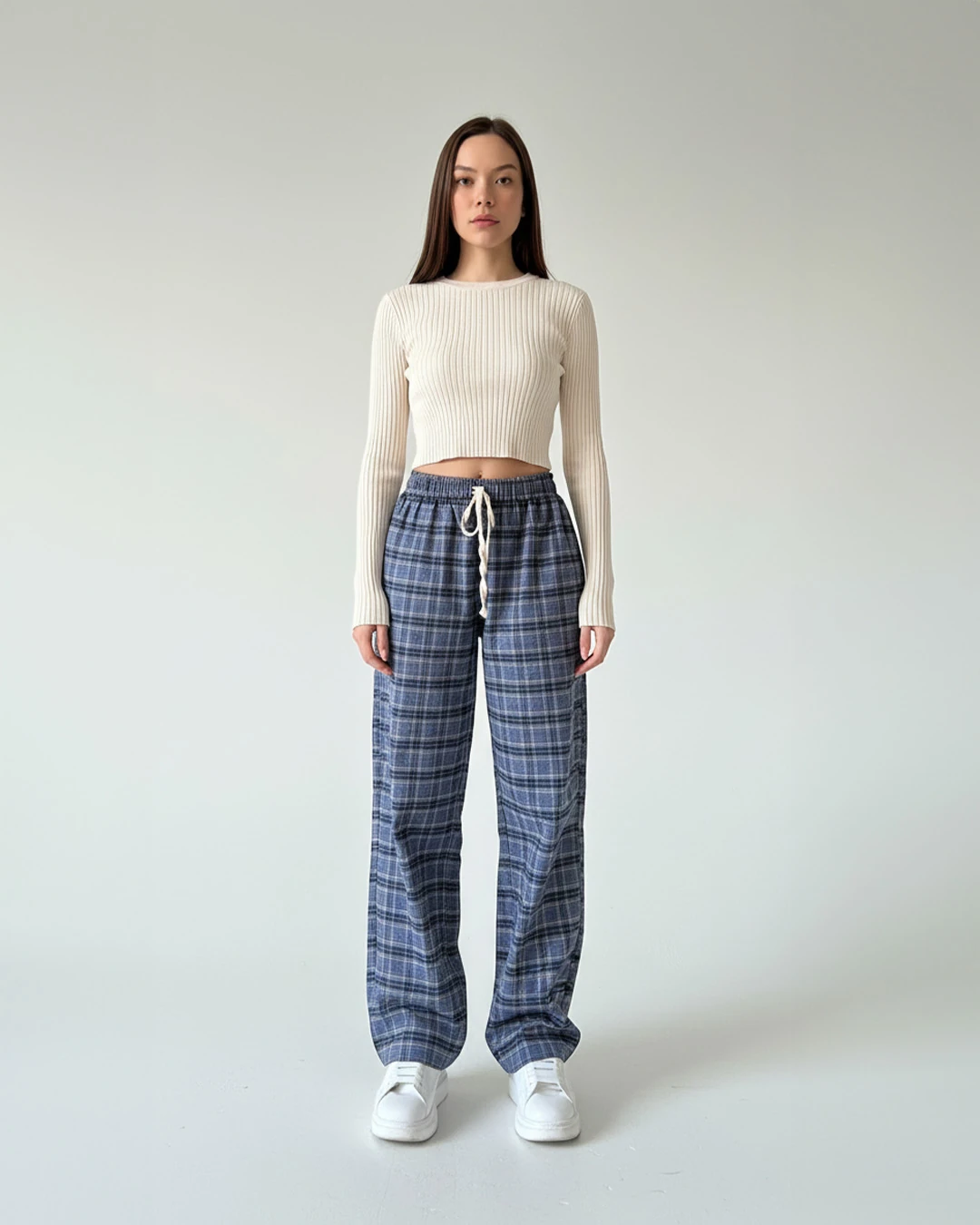 Lacivert Ekose Detaylı Unisex Eşofman Altı