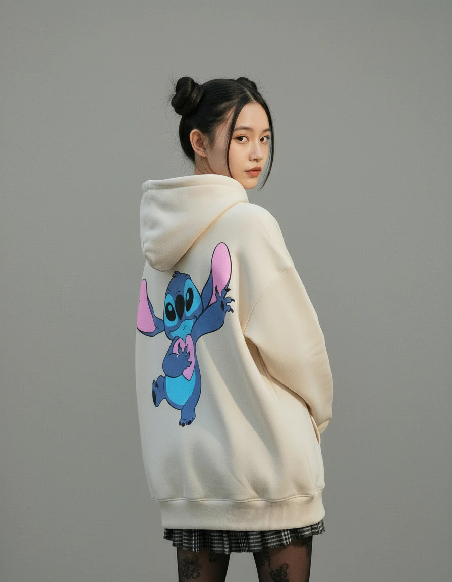 Krem Stitch Baskılı Oversize Unisex Hırka