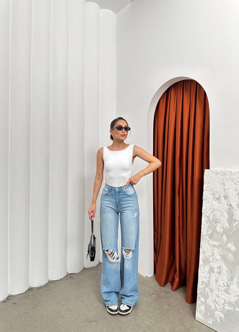 Yırtık Diz Detaylı Mavi Baggy Jean