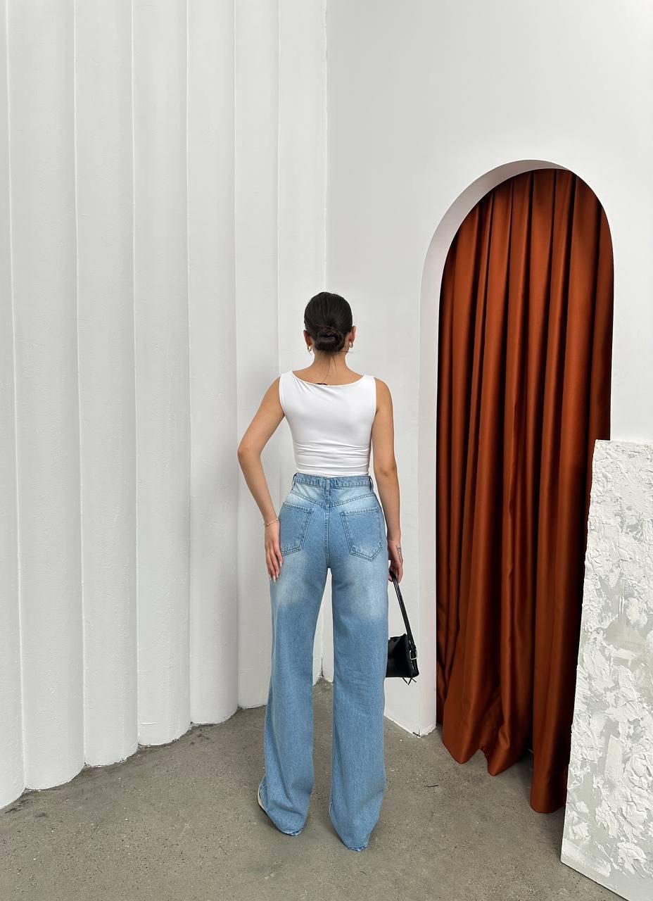 Yırtık Diz Detaylı Mavi Baggy Jean