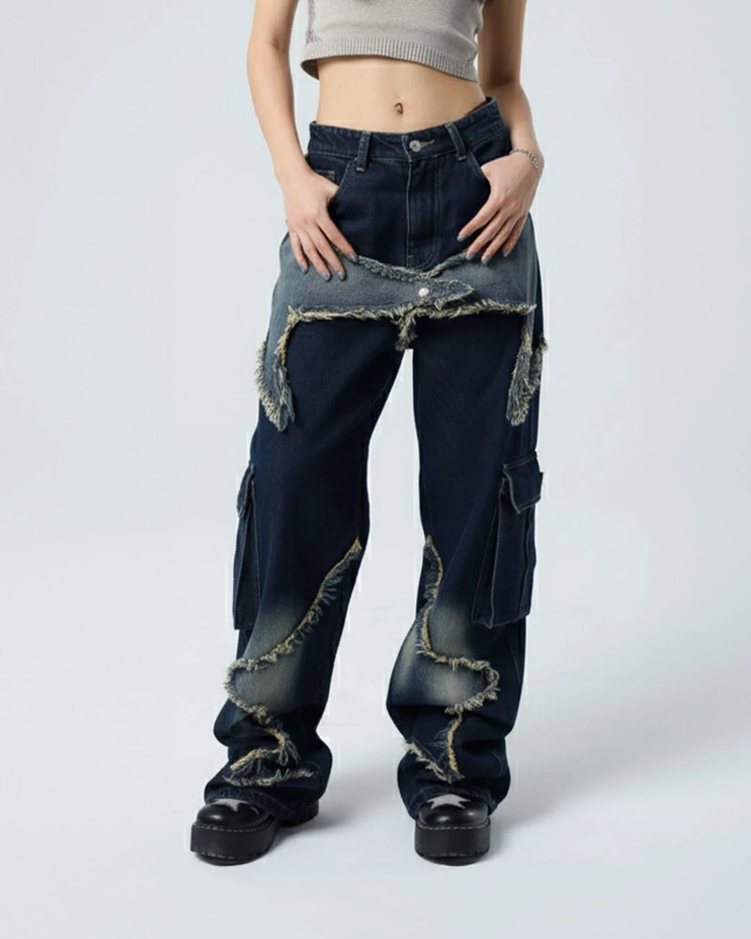 Mavi Yıldız Bağlı Karo Cep Baggy Unisex Pantolon