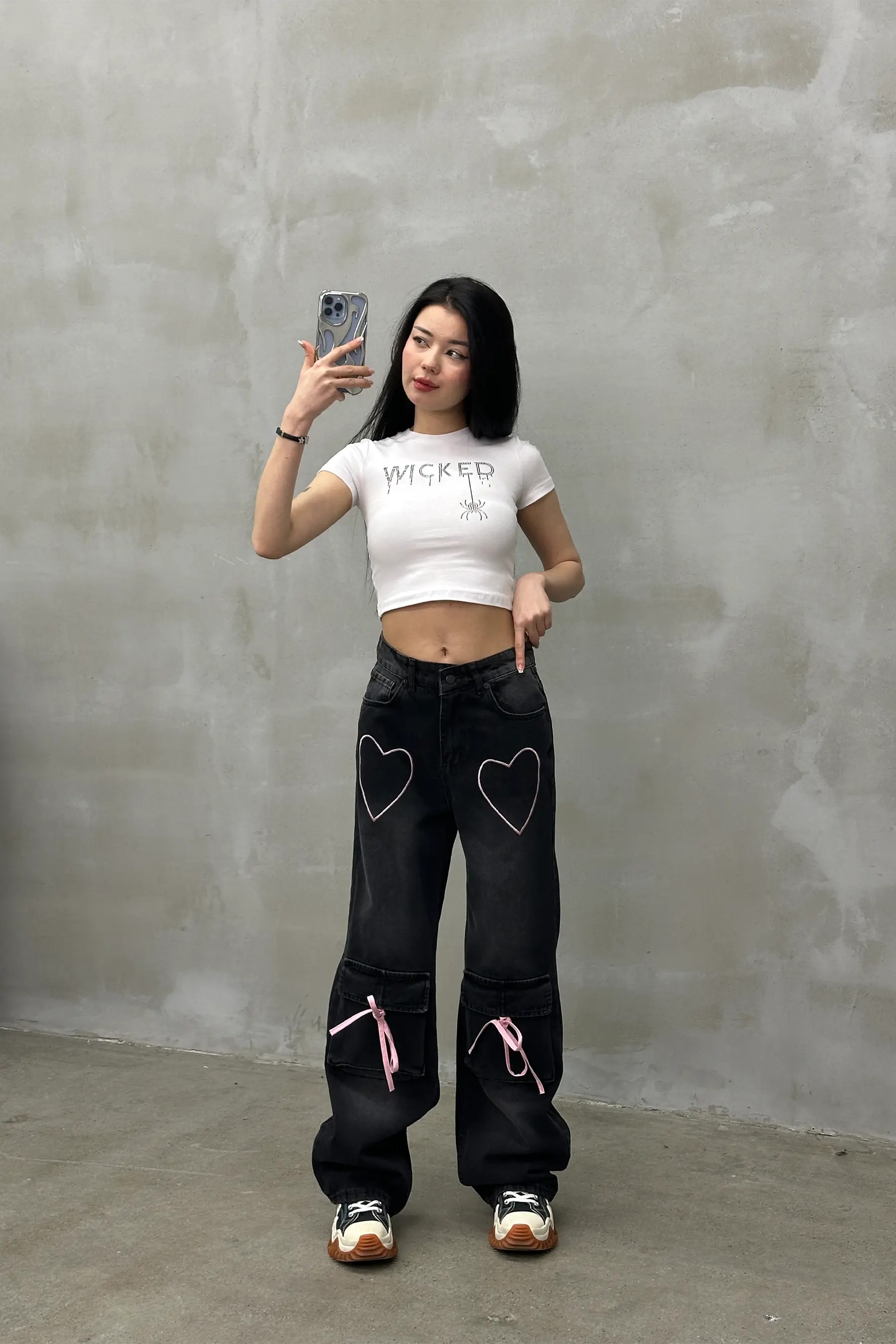 Heartbeat Pembe Nakışlı Mavi Baggy Jean