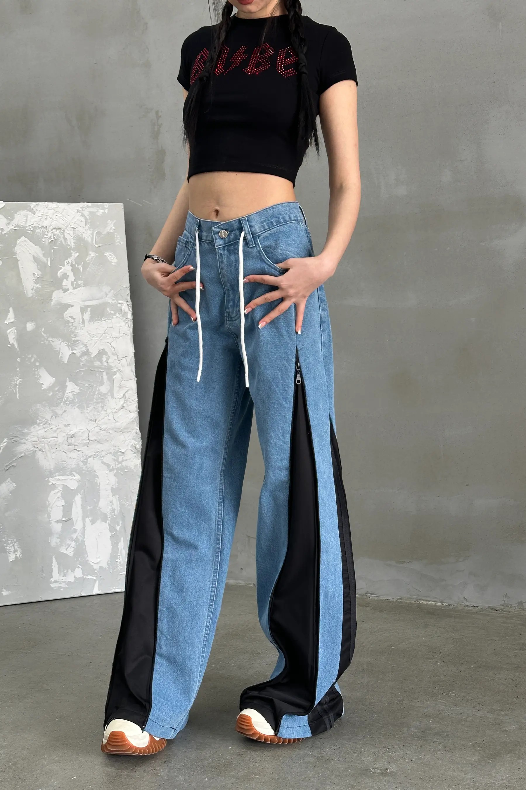 Fermuarlı Mavi Siyah Jean