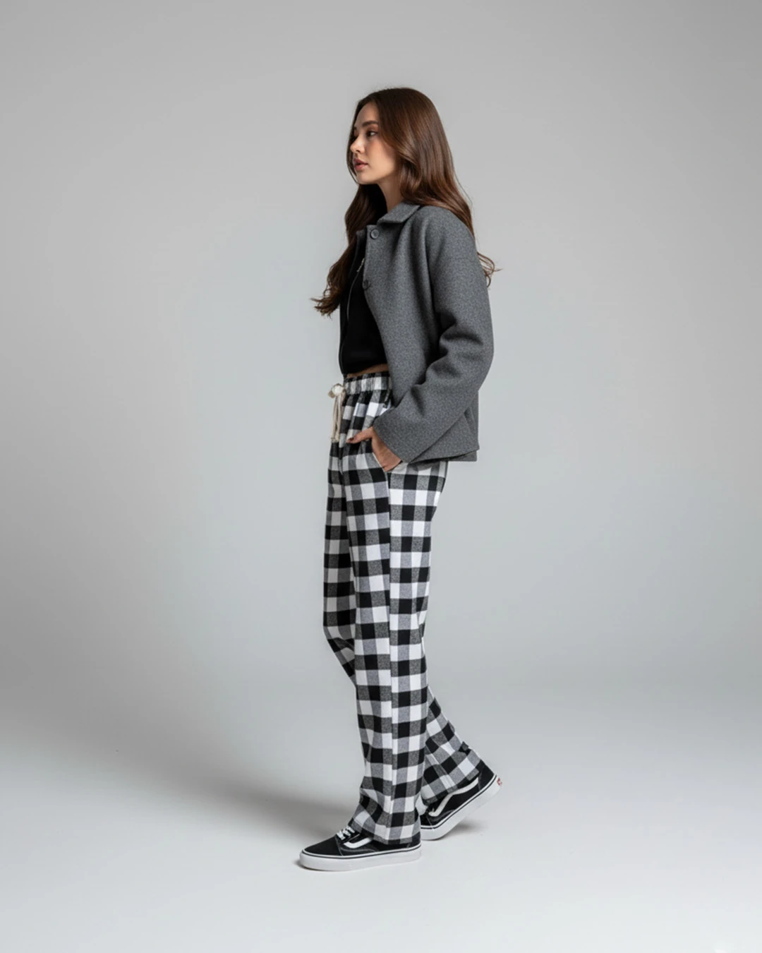 Siyah-Beyaz Çizgi Detaylı Unisex Ekose Eşofman Altı