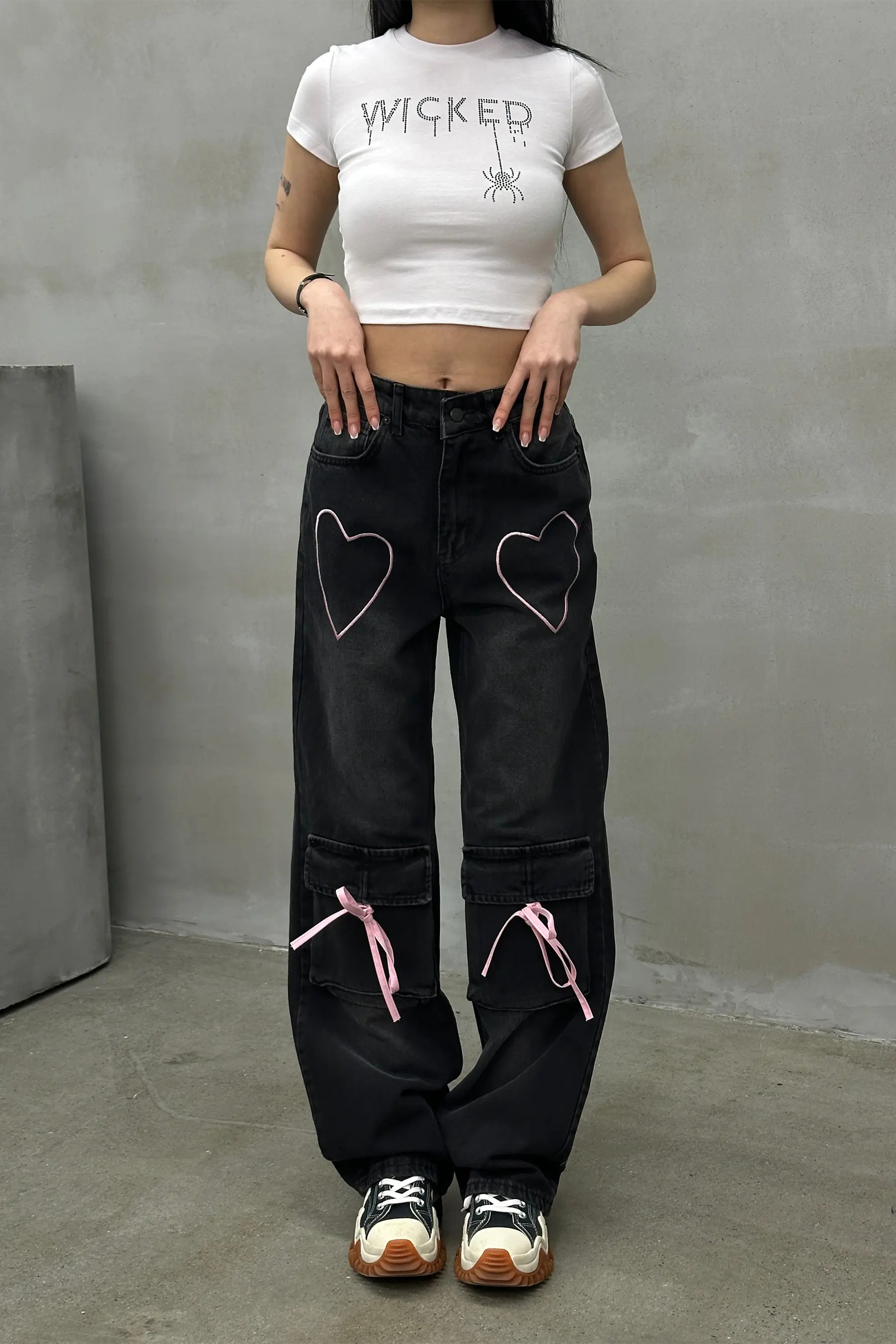 Heartbeat Pembe Nakışlı Mavi Baggy Jean