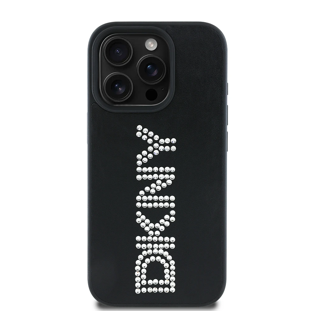 Apple iPhone 15 Pro Max Kılıf DKNY Orjinal Lisanslı Taşlı DKNY Yazılı Metalik Rhinestones PU Deri Kapak