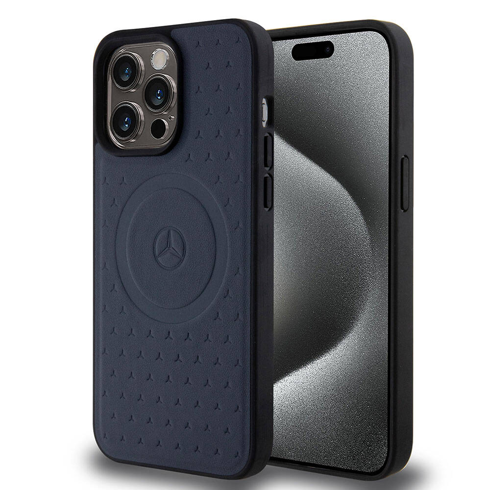 Apple iPhone 15 Pro Max Kılıf Mercedes Benz Orjinal Lisanslı M-safe Şarj Özellikli Mühürlü Yıldız Desenli ve Logolu Deri Kapak