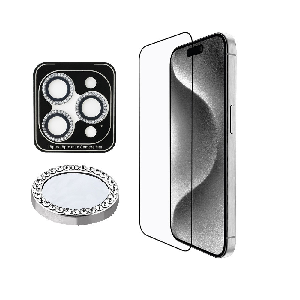 iPhone 16 Pro Max Guess Orjinal Lisanslı Rhinestone Ekran Koruyucu + Lens Koruyucu 2in1 Aksesuar Seti