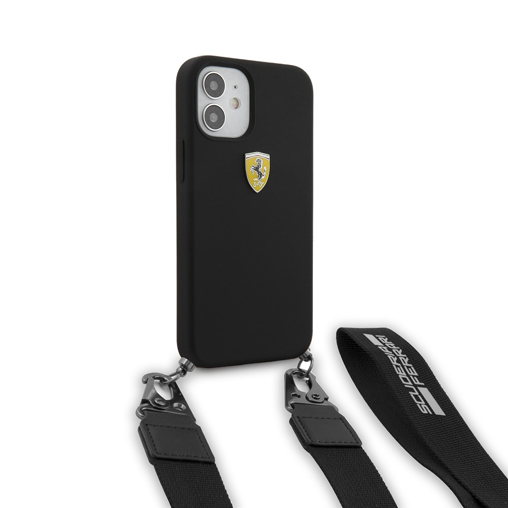 Apple iPhone 12 Kılıf Ferrari Orjinal Lisanslı Askılı Metal Logolu Kapak
