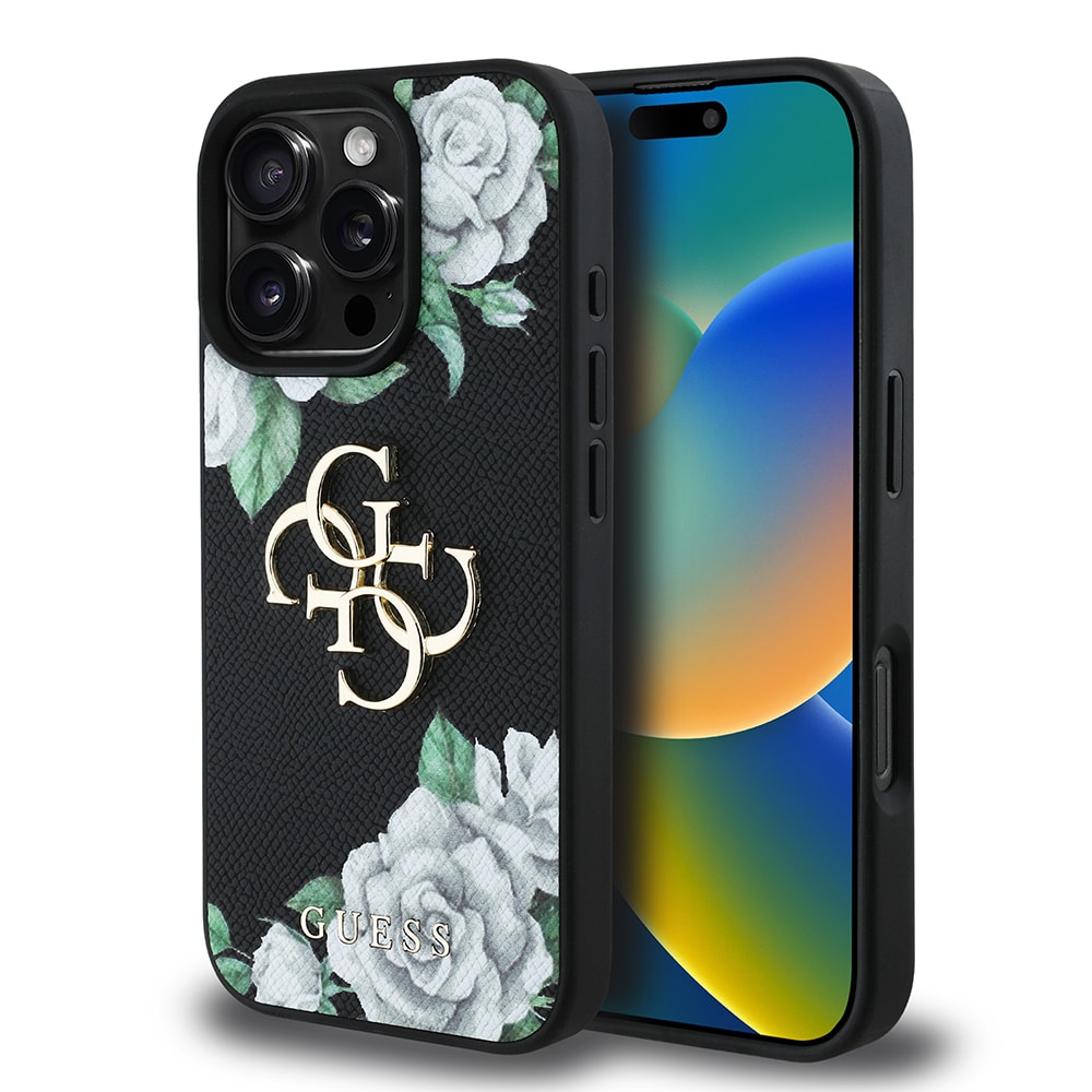 Apple iPhone 16 Pro Kılıf Guess Orjinal Lisanslı Gül Baskılı Büyük Metal Logo Dizaynlı Kapak