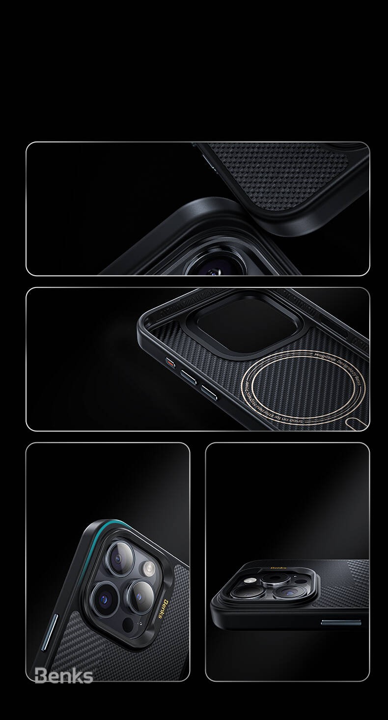 iPhone 16 Pro Kılıf Magsafe Şarj Özellikli Karbon Fiber Benks Montage Hybrid ArmorPro Kevlar Kılıf