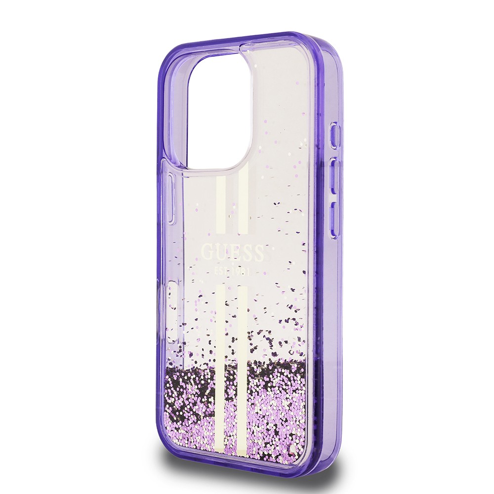Apple iPhone 16 Pro Kılıf Guess Orjinal Lisanslı Transparan Sıvılı Simli Altın Çizgili Kapak