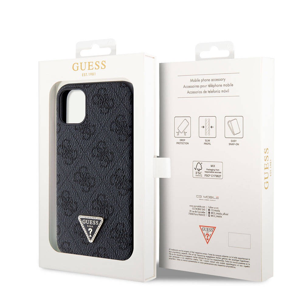 iPhone 11 Kılıf Guess Orjinal Lisanslı PU Deri Taşlı Üçgen Logo 4G Desenli Kılıf
