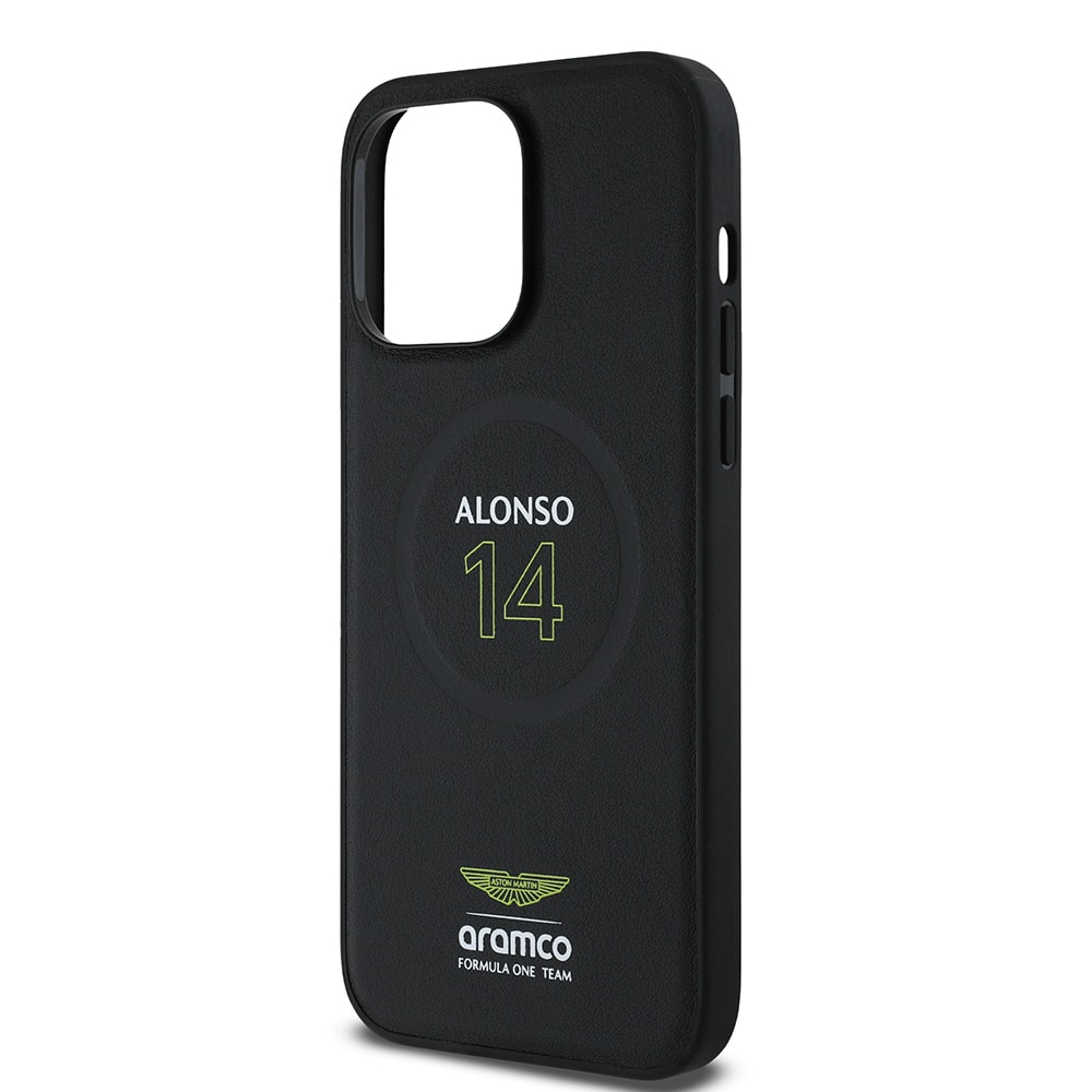 Apple iPhone 14 Pro Max Kılıf Aston Martin Orjinal Lisanslı M-safe Şarj Özellikli PU Deri Alonso 14 Baskılı Kapak