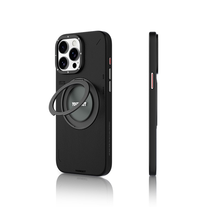 Apple iPhone 15 Pro Max Kılıf M-safe Şarj Özellikli 360° Standlı Basit Mat Deri Desenli Youngkit Tech Leather Serisi Kapak