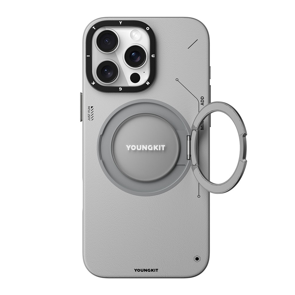Apple iPhone 16 Pro Max Kılıf M-safe Şarj Özellikli 360° Standlı Basit Mat Deri Desenli Youngkit Tech Leather Serisi Kapak