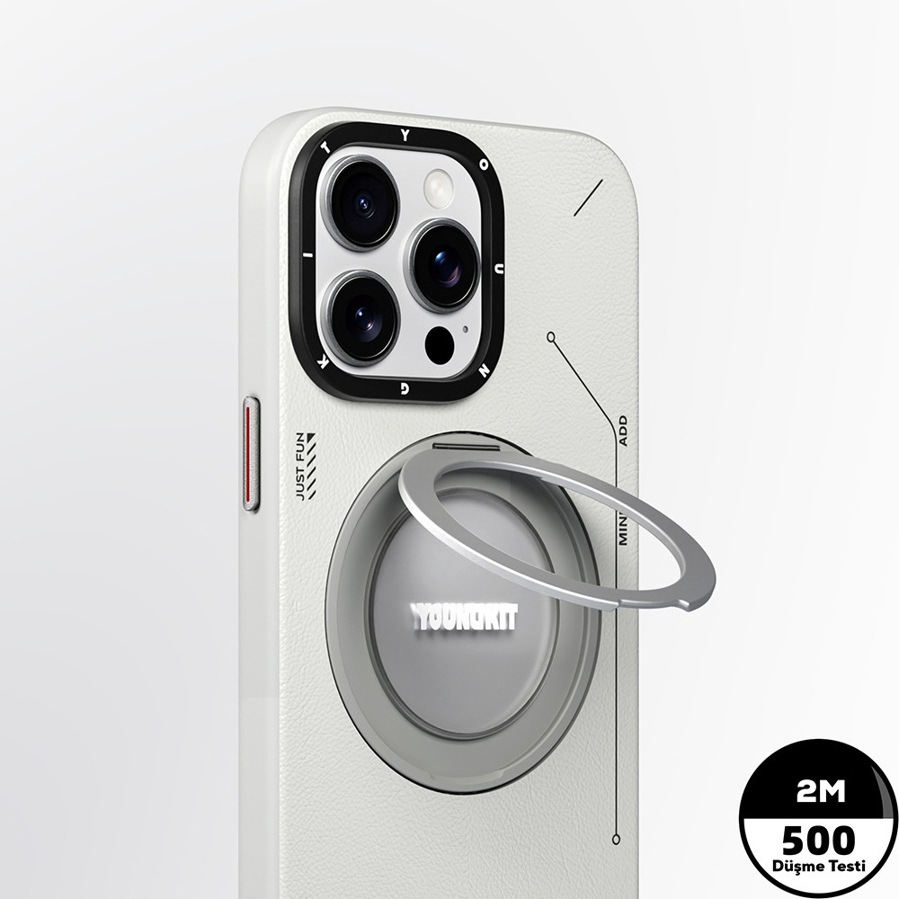 Apple iPhone 15 Pro Kılıf M-safe Şarj Özellikli 360° Standlı Basit Mat Deri Desenli Youngkit Tech Leather Serisi Kapak