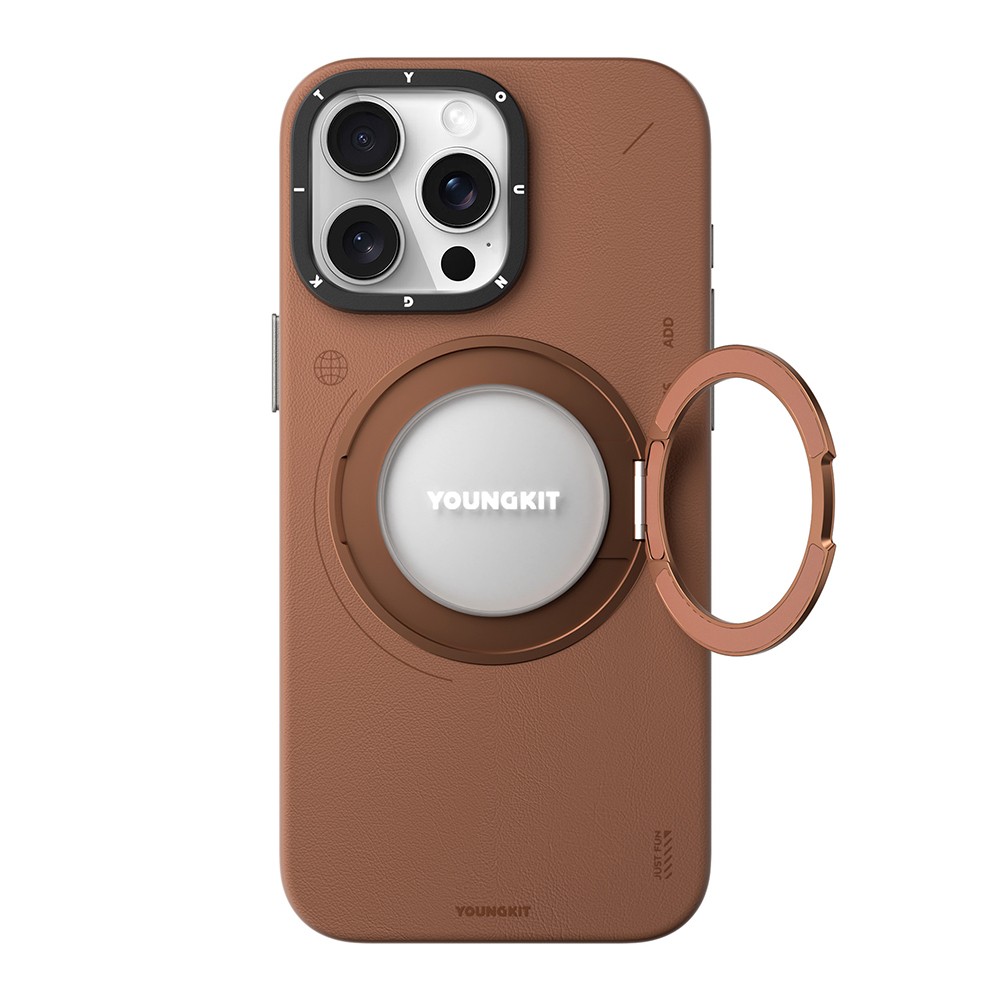 Apple iPhone 15 Pro Max Kılıf M-safe Şarj Özellikli 360° Standlı Basit Mat Deri Desenli Youngkit Tech Leather Serisi Kapak
