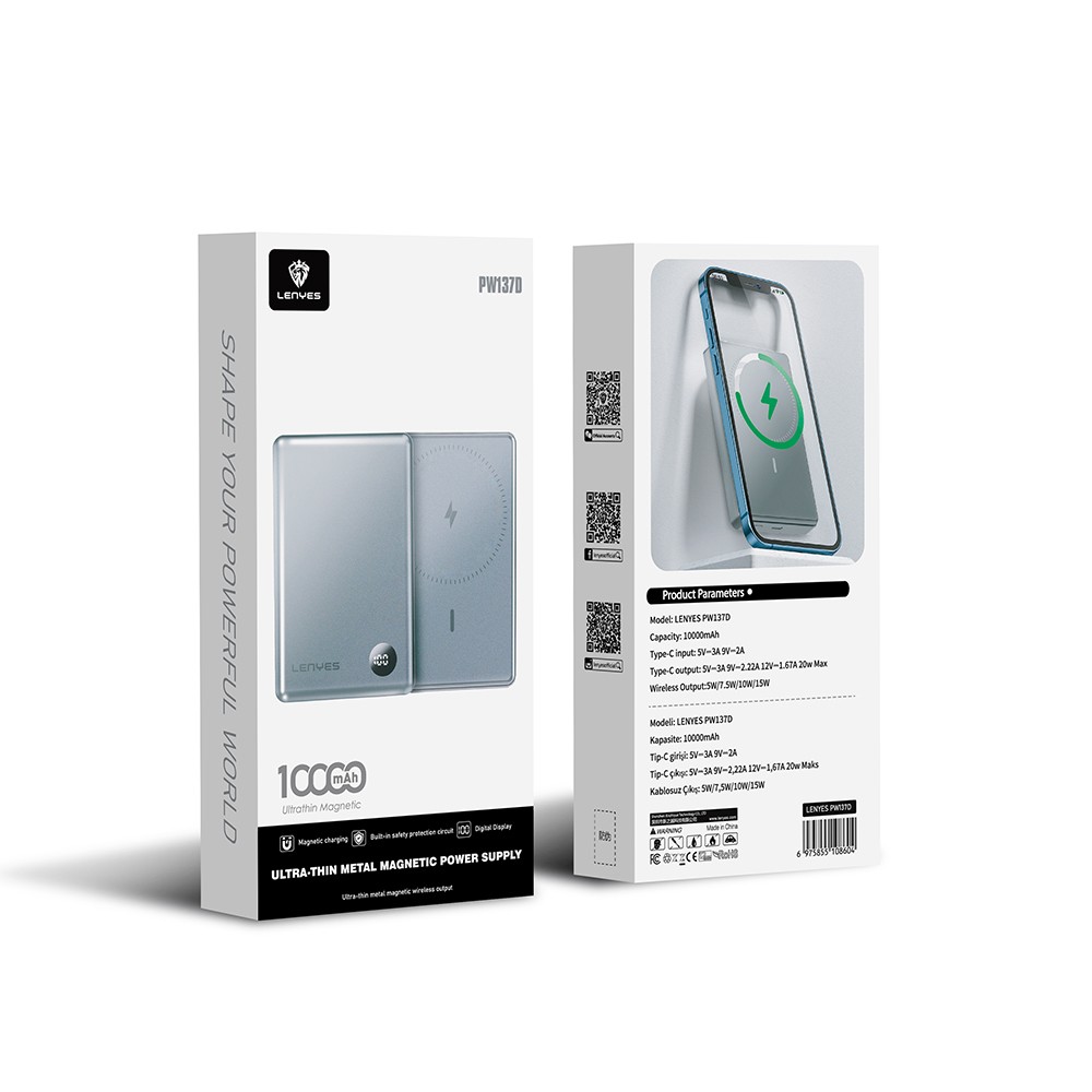 Lenyes PW137D 20W Ultra İnce Dijital LED Ekranlı Wireless Powerbank 15W 10000mAh