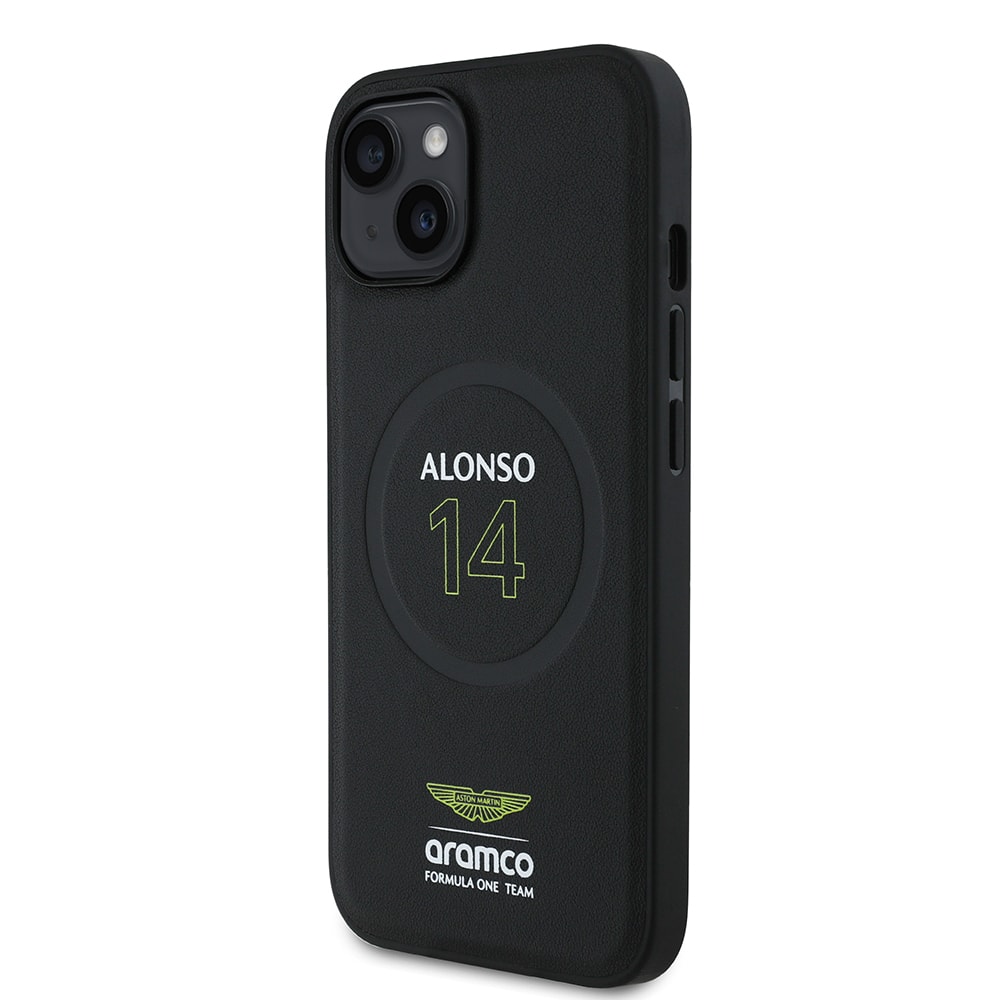 Apple iPhone 15 Kılıf Aston Martin Orjinal Lisanslı M-safe Şarj Özellikli PU Deri Alonso 14 Baskılı Kapak