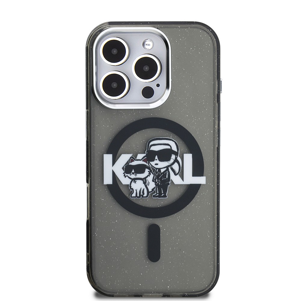Apple iPhone 16 Pro Kılıf Karl Lagerfeld Orjinal Lisanslı Parlayan Simli Karl & Choupette Sketch Logo Kapak
