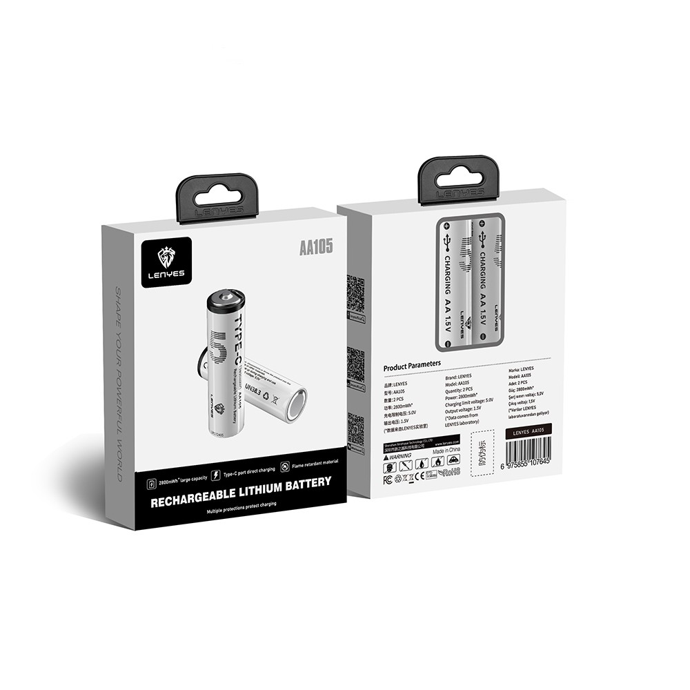 Lenyes AA105 Type-C Şarj Portlu Şarj Edilebilir AA Lityum-ion Pil 2800mWh 1.5V 2 Adet