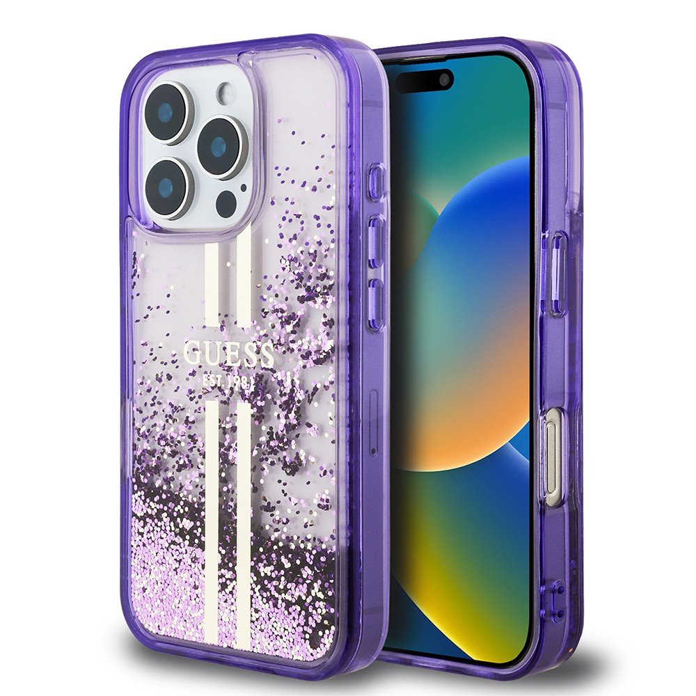 Apple iPhone 16 Pro Kılıf Guess Orjinal Lisanslı Transparan Sıvılı Simli Altın Çizgili Kapak