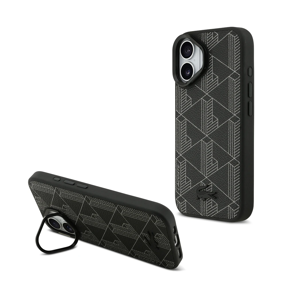 Apple iPhone 17 Kılıf Lacoste Orjinal Lisanslı M-safe Şarj Özellikli Standlı PU Deri Karışık Monogram Desenli Kapak