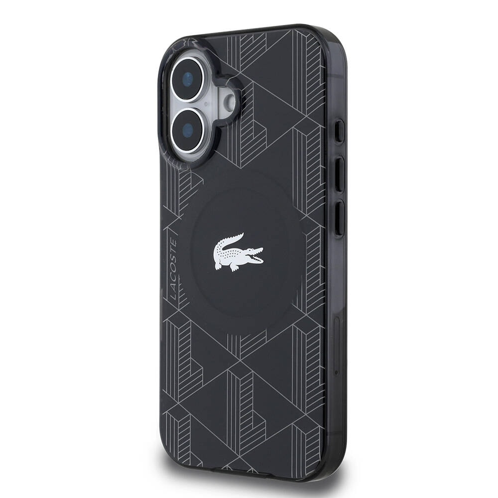 Apple iPhone 16 Kılıf Lacoste Orjinal Lisanslı M-safe Şarj Özellikli IML Baskılı Gümüş Timsah Logolu Monogram Kapak