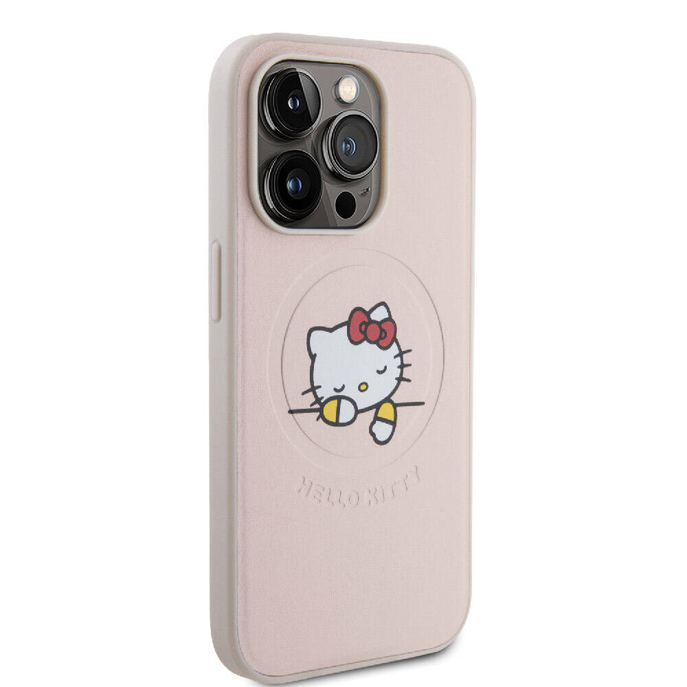 Apple iPhone 15 Pro Kılıf Hello Kitty Orjinal Lisanslı M-safe Şarj Özellikli Baskı Logolu Uyuyan Kitty Deri Kapak