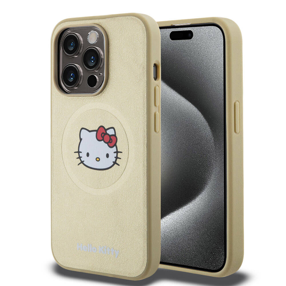 Apple iPhone 15 Pro Kılıf Hello Kitty Orjinal Lisanslı M-safe Şarj Özellikli Kitty Head Deri Kapak