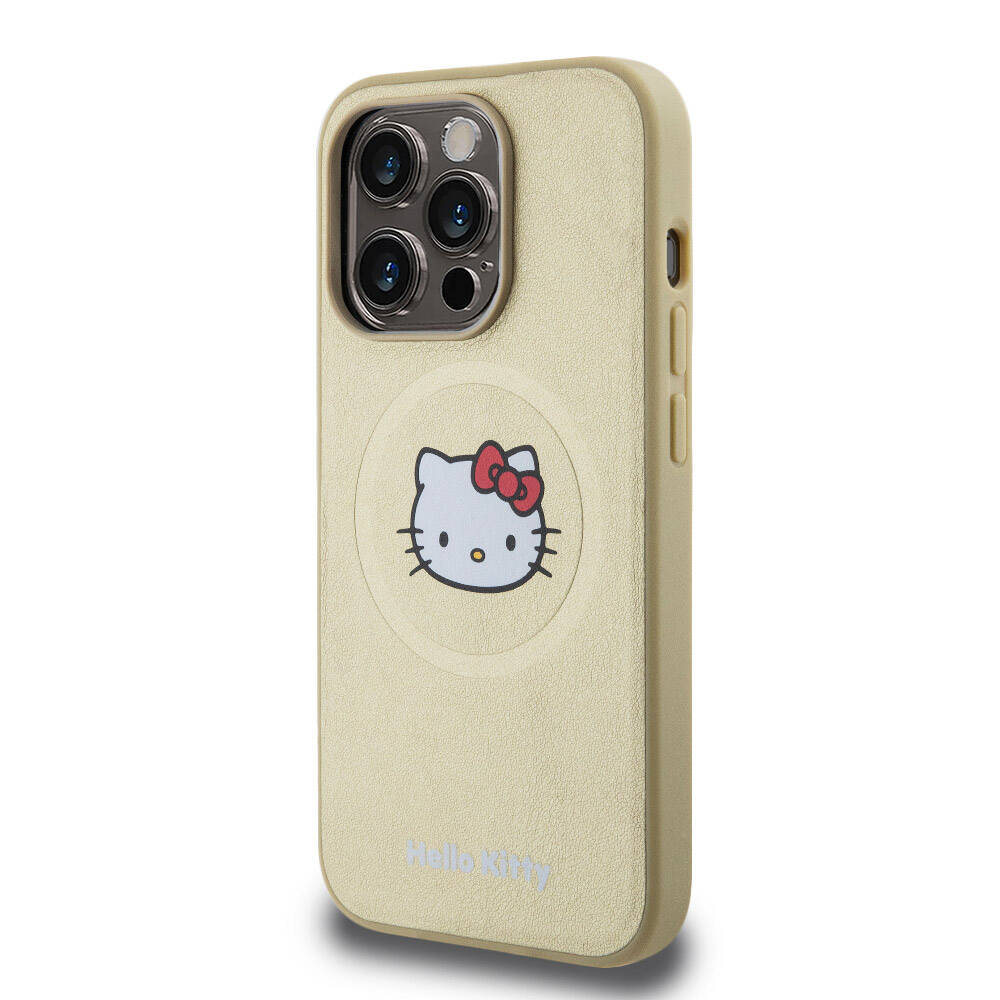 Apple iPhone 15 Pro Kılıf Hello Kitty Orjinal Lisanslı M-safe Şarj Özellikli Kitty Head Deri Kapak