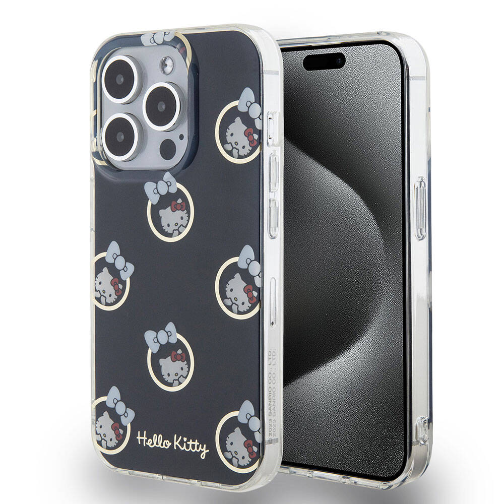 Apple iPhone 15 Pro Kılıf Hello Kitty Orjinal Lisanslı Elektroplating Kaplama Kabarcık Baskılı Kapak