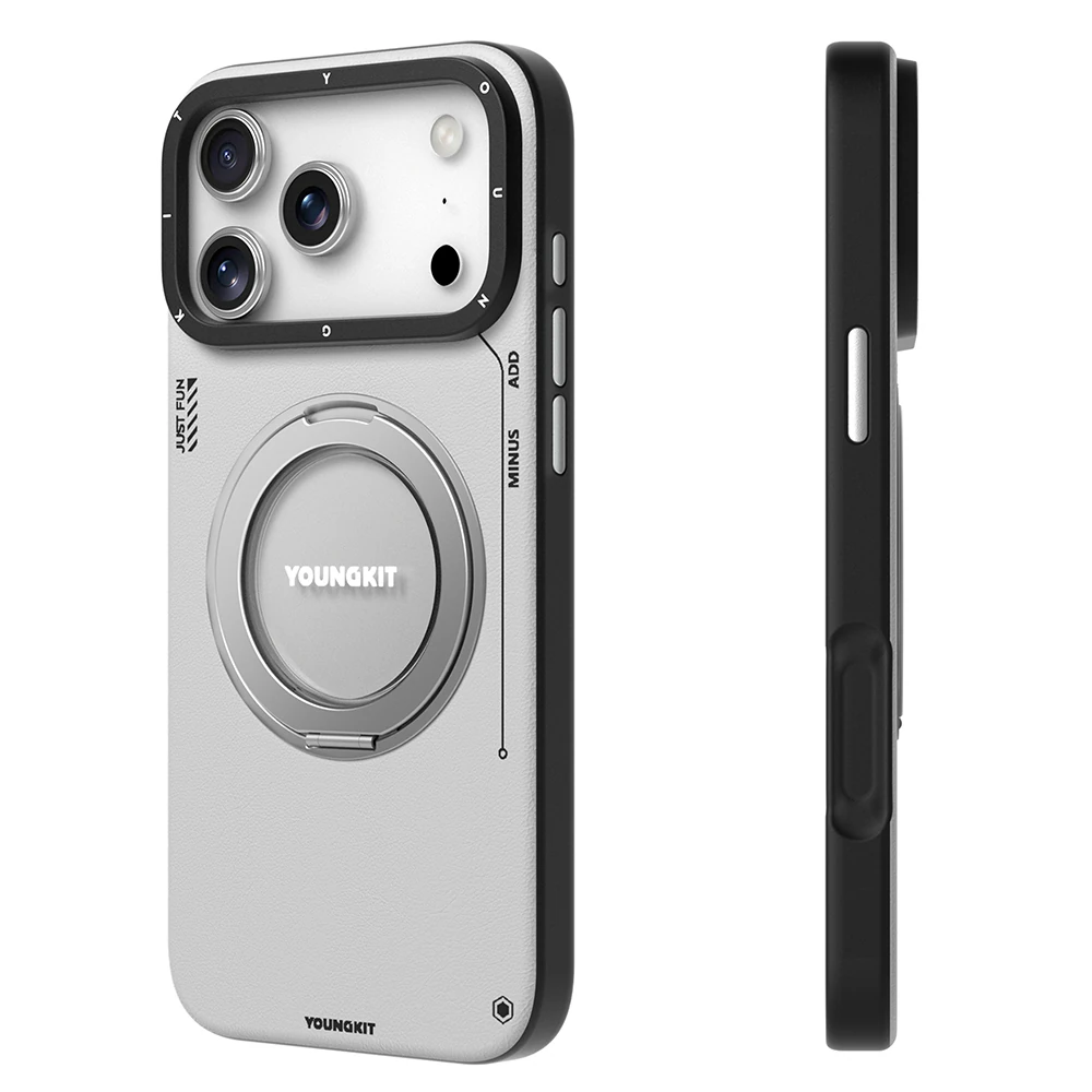 Apple iPhone 17 Pro Max Kılıf M-safe Şarj Özellikli 360 Derece Standlı Basit Mat Deri Desenli Youngkit Tech Leather Serisi Kapak