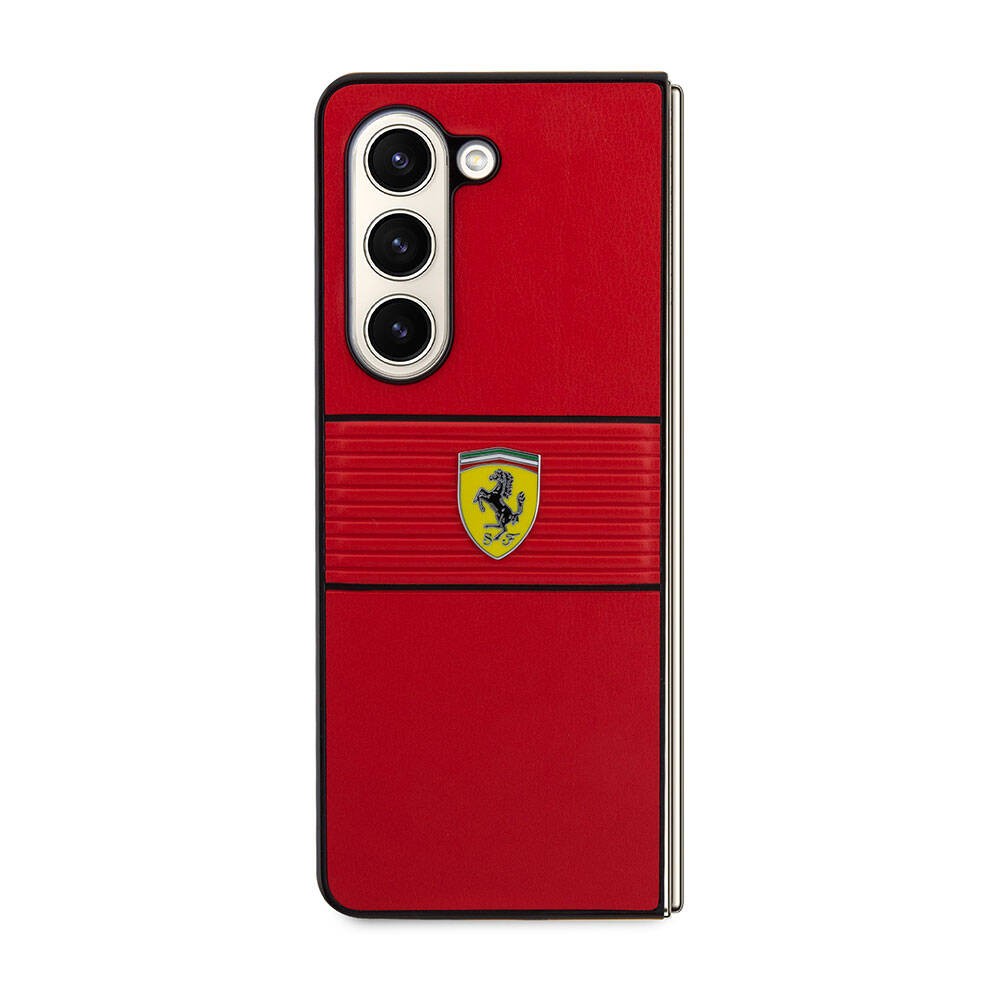 Galaxy Z Fold 5 Kılıf Ferrari Orjinal Lisanslı PU Deri Metal Logolu Multi Çizgili Kılıf