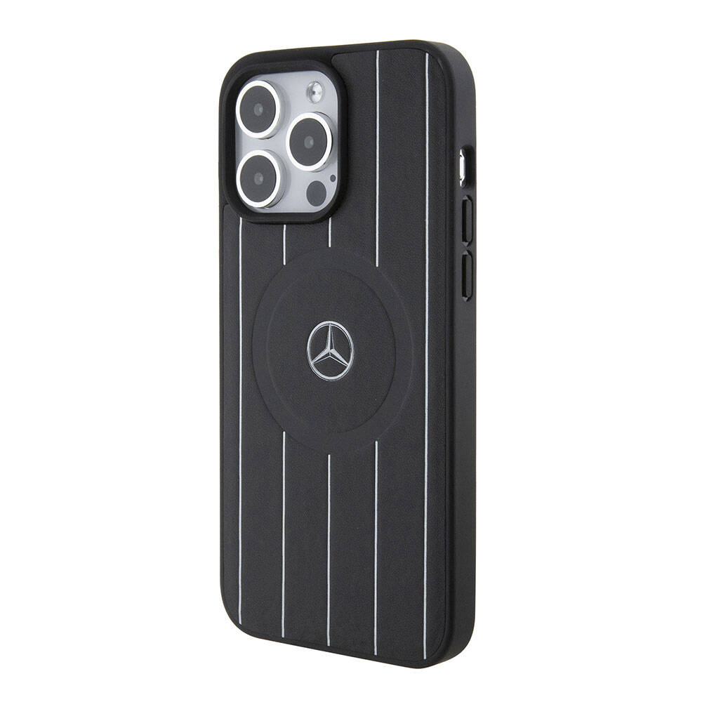 Apple iPhone 15 Pro Max Kılıf Mercedes Benz Orjinal Lisanslı M-safe Şarj Özellikli Baskı Logolu Paralel Çizgi Desenli Deri Kapak