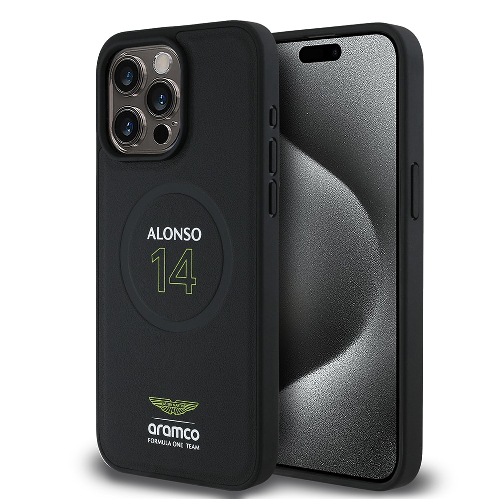 Apple iPhone 15 Pro Max Kılıf Aston Martin Orjinal Lisanslı M-safe Şarj Özellikli PU Deri Alonso 14 Baskılı Kapak