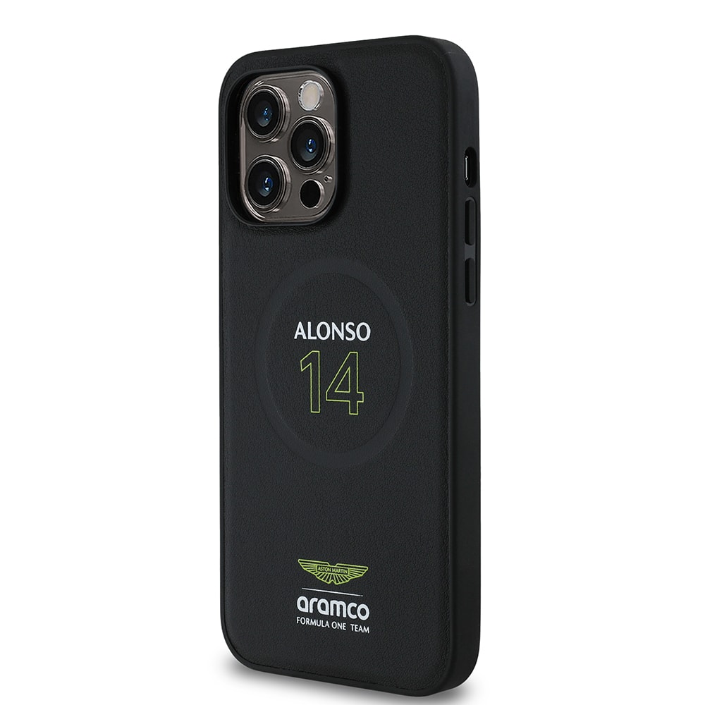 Apple iPhone 14 Pro Max Kılıf Aston Martin Orjinal Lisanslı M-safe Şarj Özellikli PU Deri Alonso 14 Baskılı Kapak