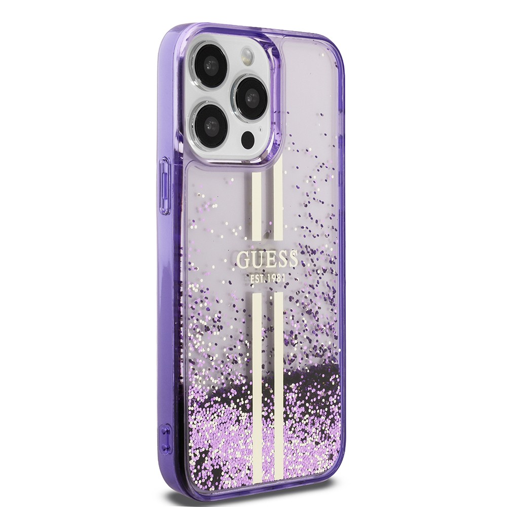 Apple iPhone 14 Pro Max Kılıf Guess Orjinal Lisanslı Transparan Sıvılı Simli Altın Çizgili Kapak